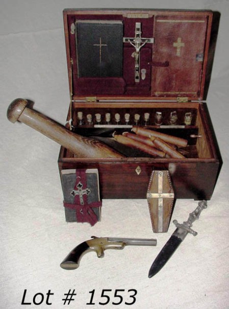 1553-Vampire-killing-kit-Rosewood-case-with-mother-of-pearl-cross-inlay-pistol-silver-bullets-in-coffin-case-Holy-water-vials-cleaver-prayer-book-looking-glass-close-up