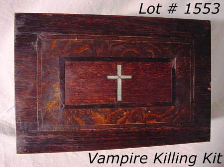 1553-Vampire-killing-kit-Rosewood-case-with-mother-of-pearl-cross-inlay-pistol-silver-bullets-in-coffin-case-silver-occult-dagger-Holy-water-vials-cleaver-prayer-book-case