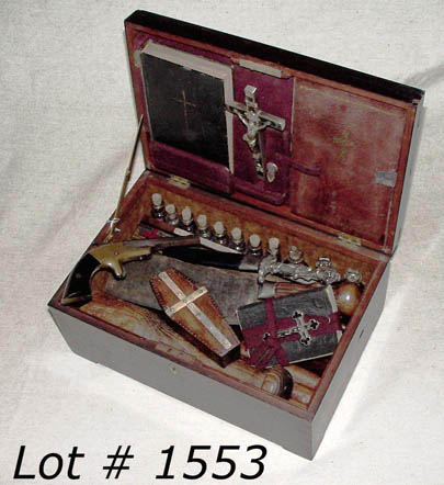 1553-Vampire-killing-kit-Rosewood-case-with-mother-of-pearl-cross-inlay-pistol-silver-bullets-in-coffin-case-silver-occult-dagger-Holy-water-vials